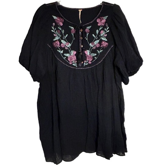 Free People Rosa Linda Embroidered Mini Dress Babydoll Black Combo NEW Medium - Picture 2 of 8
